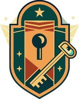 Stylized lock and key emblem, art deco inspired design, geometric shapes, shield shape, crescent moon, star motif vector