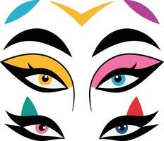 Stylized graphic eyes, vibrant eyeshadow colors, bold eyeliner, pop art style, geometric shapes, minimalist facial features vector