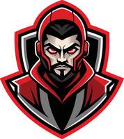 Stylized gaming mascot, fierce warrior portrait, red and black color scheme, glowing red eyes, sharp angular features, hooded figure vector
