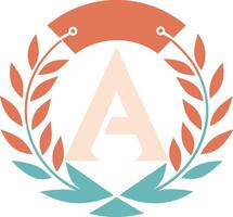 Minimalist logo design, Letter A, Laurel wreath, Coral and teal color scheme, Symmetrical composition, Flat art, Curved banner, Clean typography vector