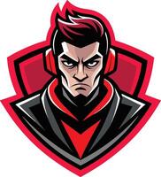Esports logo, gaming mascot, fierce expression, red and black color scheme, angular design, stylized portrait, headphones, sharp features, aggressive look vector