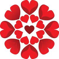 Red heart mandala, symmetrical design, Valentine's Day, love symbol, circular pattern, bright red hearts, varying sizes, white background, graphic art vector