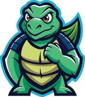 Cartoon turtle mascot, fierce expression, green and yellow color scheme, athletic pose, muscular arms, shell details vector