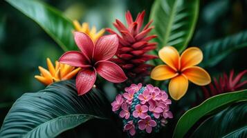 Vibrant tropical flowers, lush foliage background, nature photography, website banner photo