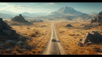 Desert road trip car drives towards mountains photo