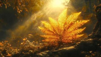 dorado helecho en otoño bosque rayos de sol, naturaleza fondo, paz foto