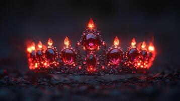 Glowing ruby crown on dark ground, fantasy royalty photo