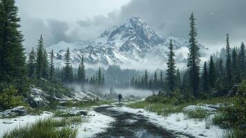 Solo hiker on snowy mountain trail, misty forest, dramatic peak photo
