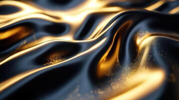 Luxurious black silk fabric, golden shimmer, abstract waves, dark background, design texture photo