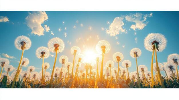 Dandelions seeds blowing in sunlit field, nature background, spring, idyllic photo