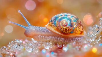 Colorful snail crawling on dew-covered surface, bokeh background, nature macro photography photo