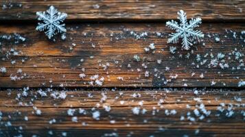 Winter snowflakes on rustic wood, snow background, holiday card photo