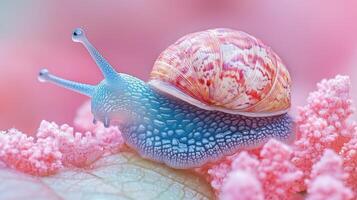 Pastel snail crawling pink flower, macro shot, nature background, website banner photo