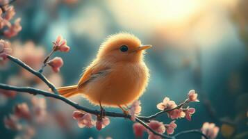 Fluffy bird perched on blossoming branch, sunrise photo