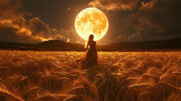 A woman is standing in a field with a full moon photo