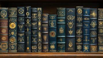 A shelf full of books with ornate designs photo