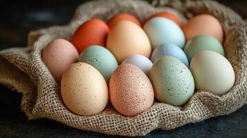 Colorful eggs in burlap sack, rustic kitchen setting, farm fresh produce, healthy food photo