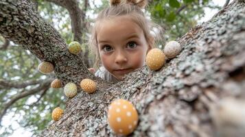 Girl hiding in tree, Easter eggs, spring, outdoor photo
