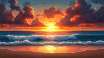 Ocean sunset beach waves calm tranquil background scene, ideal for travel brochure photo