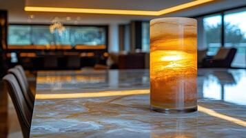 Illuminated onyx lamp on marble table, modern living room background, home decor photo