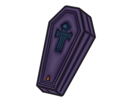 A purple 3d coffin with a cross on it png