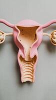 Closeup of artificial plastic model of uterus and ovaries on gray background photo