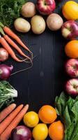 Fresh vegetables and fruits arranged in a circle on a black table photo