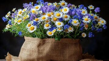 Daisies and wildflowers in burlap sack, dark background, rustic still life, floral arrangement photo