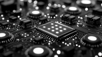 Illuminated CPU on circuit board tech background data processing photo