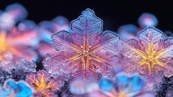 Illuminated snowflakes, winter macro, close-up, dark background, nature photography photo