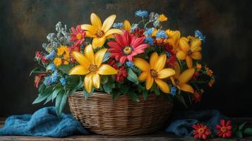 Vibrant summer wildflowers in basket, rustic setting, floral arrangement, home decor photo