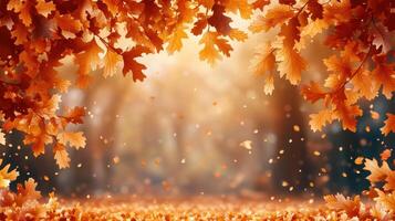 Autumn leaves frame forest scene, falling foliage, nature background, seasonal design photo