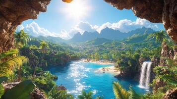 Tropical cove view from cave, beach, waterfall, mountains photo