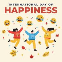 3 People with Happy Face and Smiley Emoticon for International Day of Happiness vector