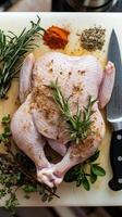 A chicken on a cutting board with herbs and spices photo