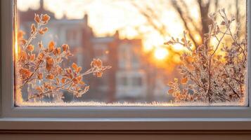 A frosty window with the sun setting behind it photo