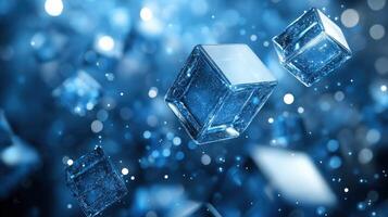 Abstract blue ice cubes floating, bokeh background photo