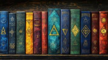 Mystical books on shelf, occult symbols, dark background, fantasy literature, website header photo
