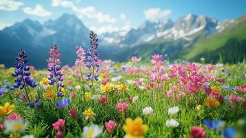 Alpine meadow wildflowers, mountain backdrop, summer photo