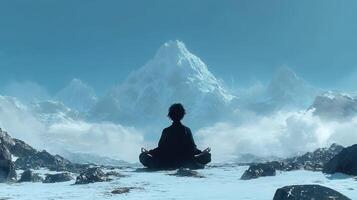 A person sitting in meditation in front of a mountain photo