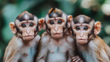 Three monkey cubs huddle, jungle background, wildlife portrait, nature stock photo