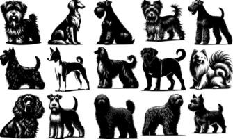 A set of black Black Dog Silhouette Art of Multiple Breeds vector