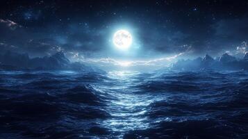 A full moon over the ocean with waves and rocks photo