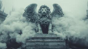 Winged lion statue in fog, city backdrop photo