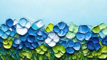 Blue and green floral impasto painting, spring meadow, light blue background, home decor photo