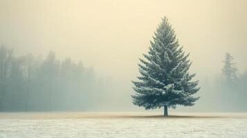 Frosty Pine Tree in Foggy Winter Field photo
