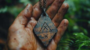 Mud-covered hand holding ancient amulet, jungle background, archaeology photo