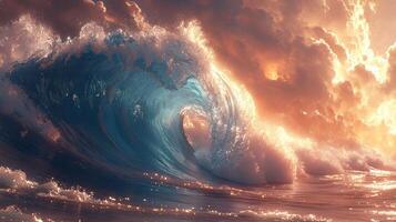 Ocean wave sunset, dramatic sky, power of nature, wallpaper photo
