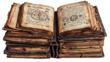 Ancient books open, revealing occult symbols isolated on white history research photo