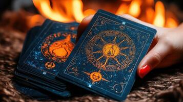 Fortune teller reads tarot cards by fire photo